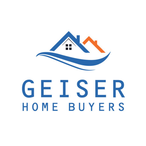 Geiser Home Buyers logo featuring two house rooftops and a wave design in blue and orange