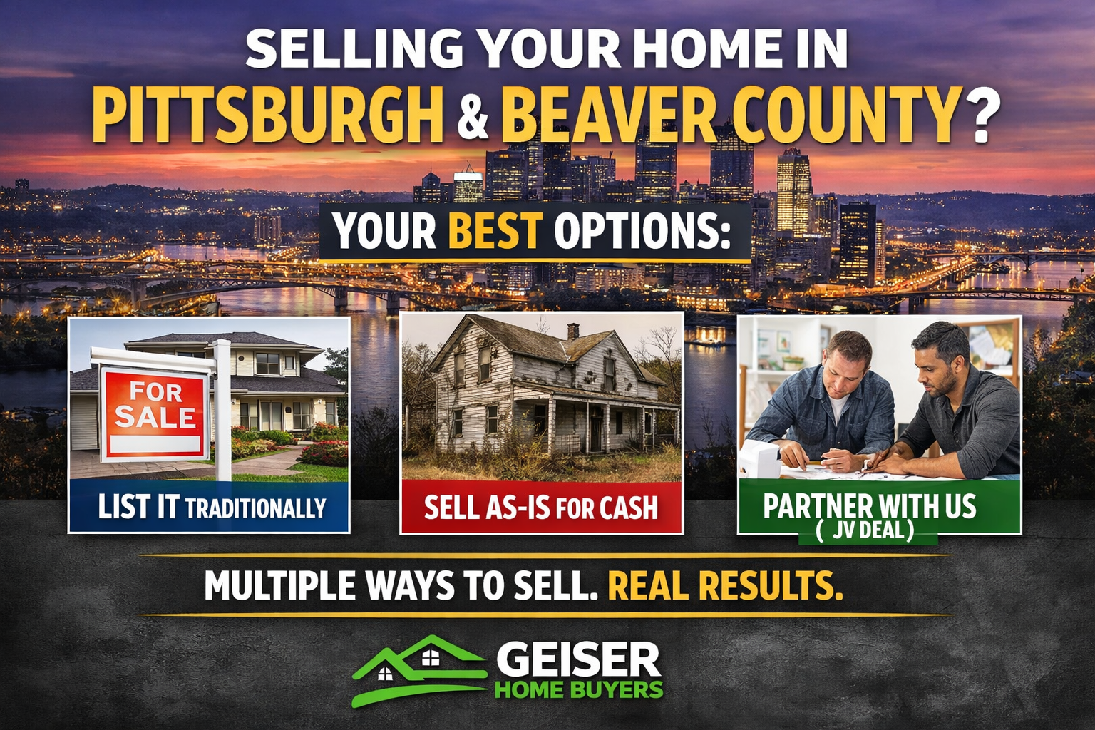 Selling a home in Pittsburgh and Beaver County options including listing traditionally, selling as-is for cash, or partnering on a joint venture with Geiser Home Buyers