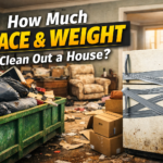 House cleanout showing debris piles and dumpsters with large volume removal