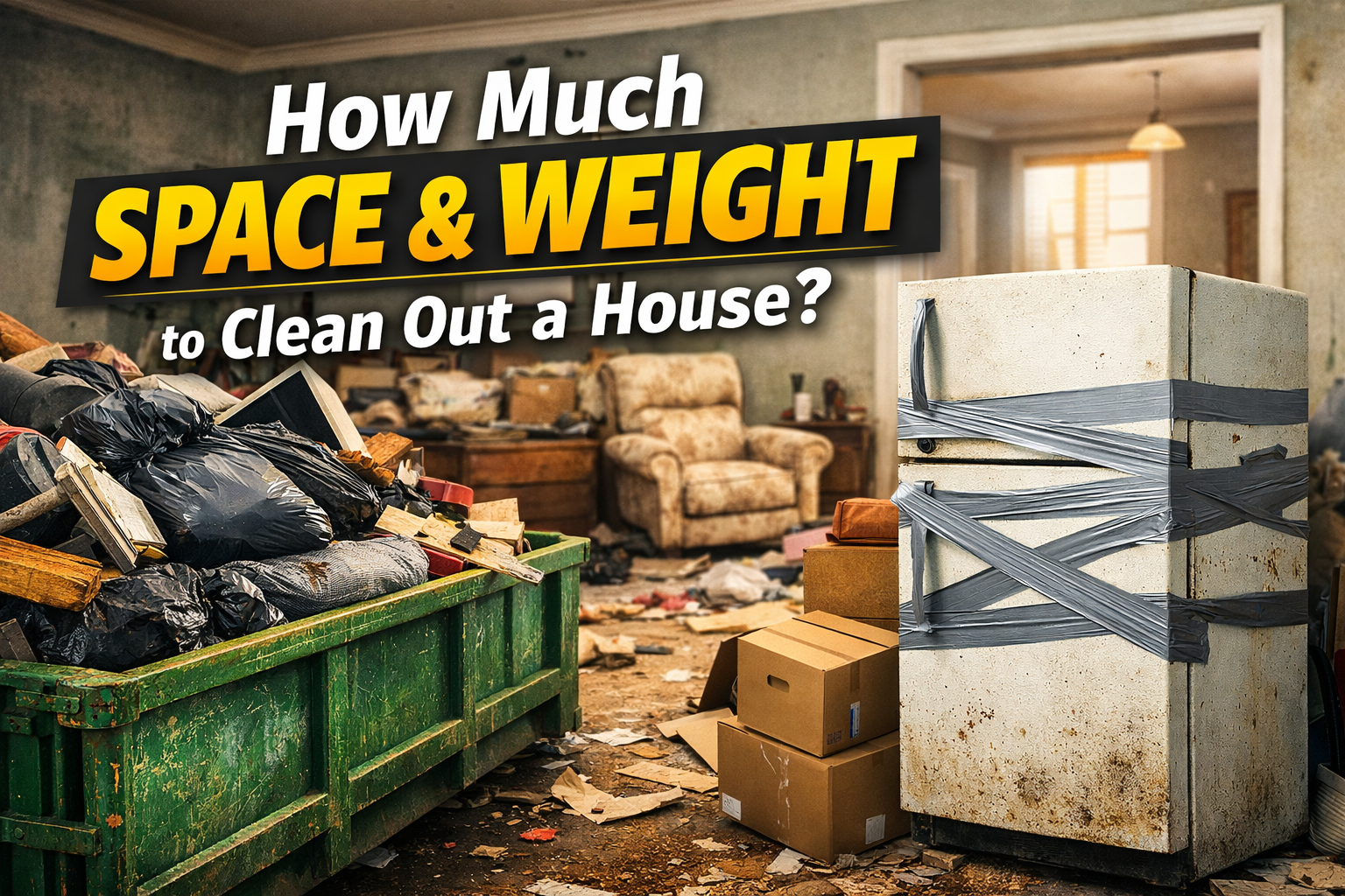 House cleanout showing debris piles and dumpsters with large volume removal